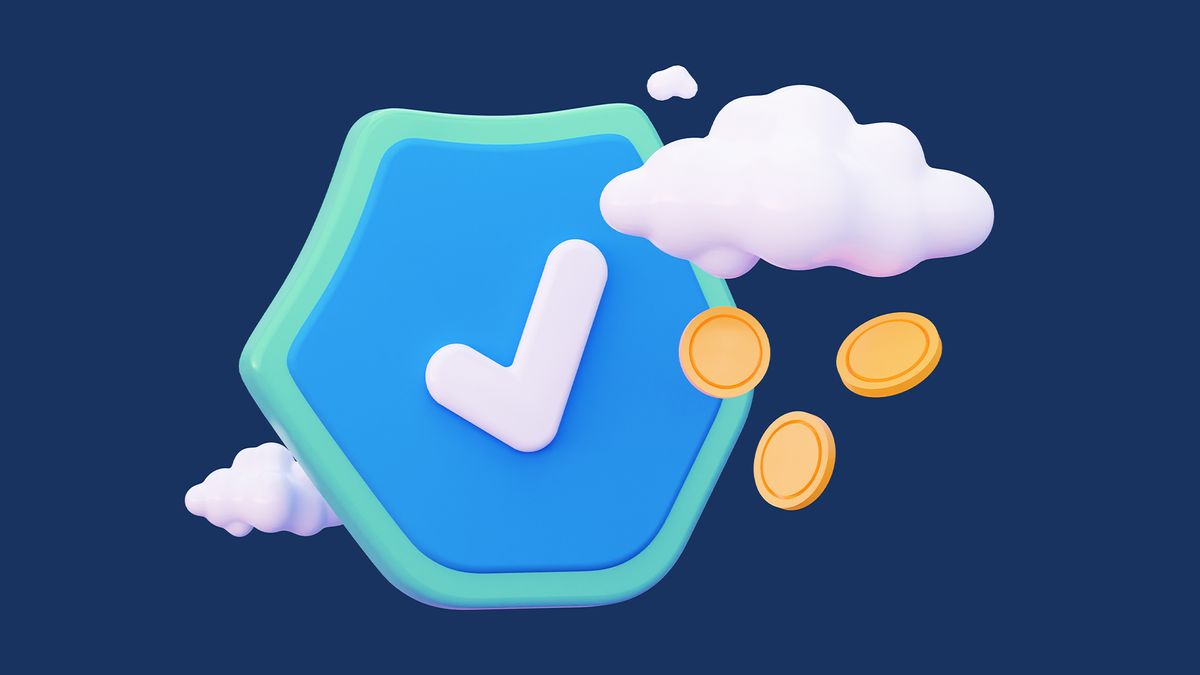 3D animated cloud raining coins in front of a blue shield with a checkmark