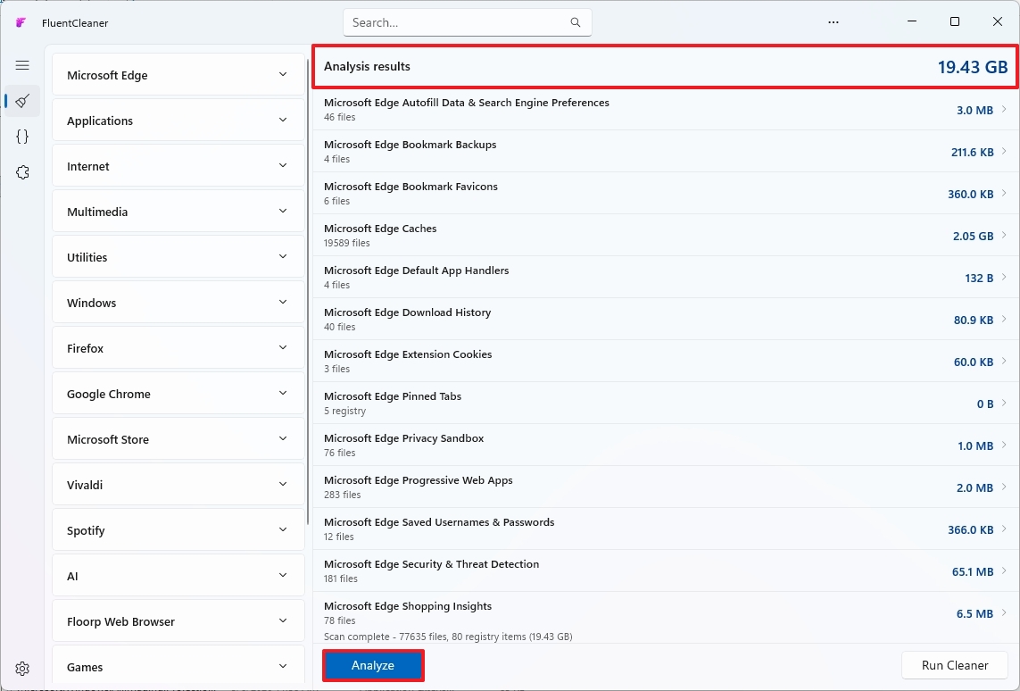 Fluent Cleaner app analyzing Microsoft Edge data, showing 19.43 GB total. Elements like cache and cookies are listed. A blue 'Analyze' button is at the bottom.