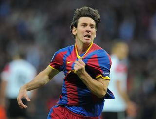 Lionel Messi celebrates after scoring for Barcelona against Manchester United in the 2011 Champions League final at Wembley.