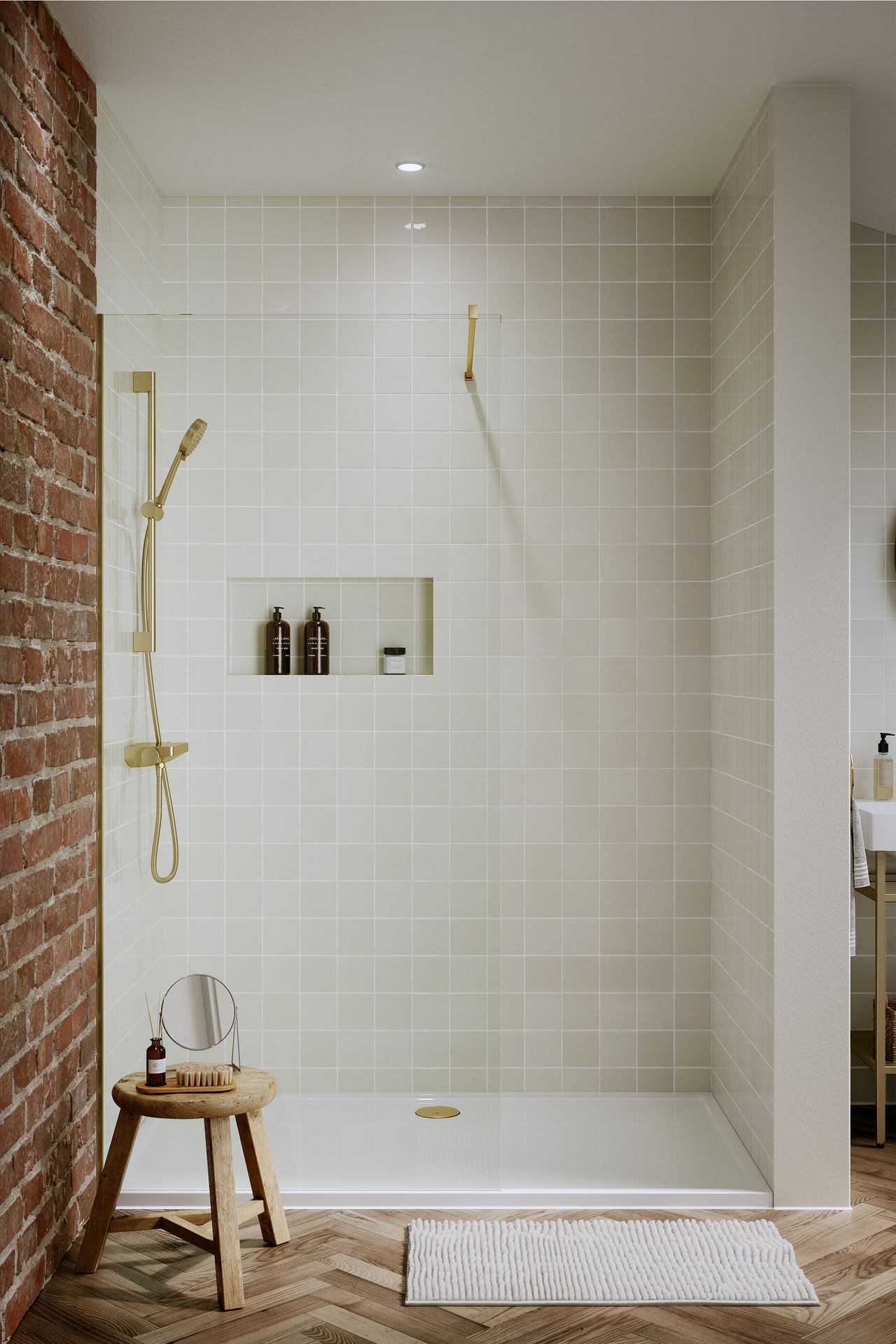 Go shower with square cream tiles, herringbone floor, wooden bench and exposed brick wall