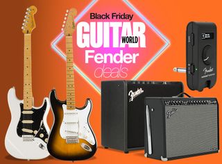 A selection of Fender gear on an orange background