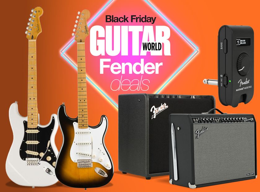 A selection of Fender gear on an orange background