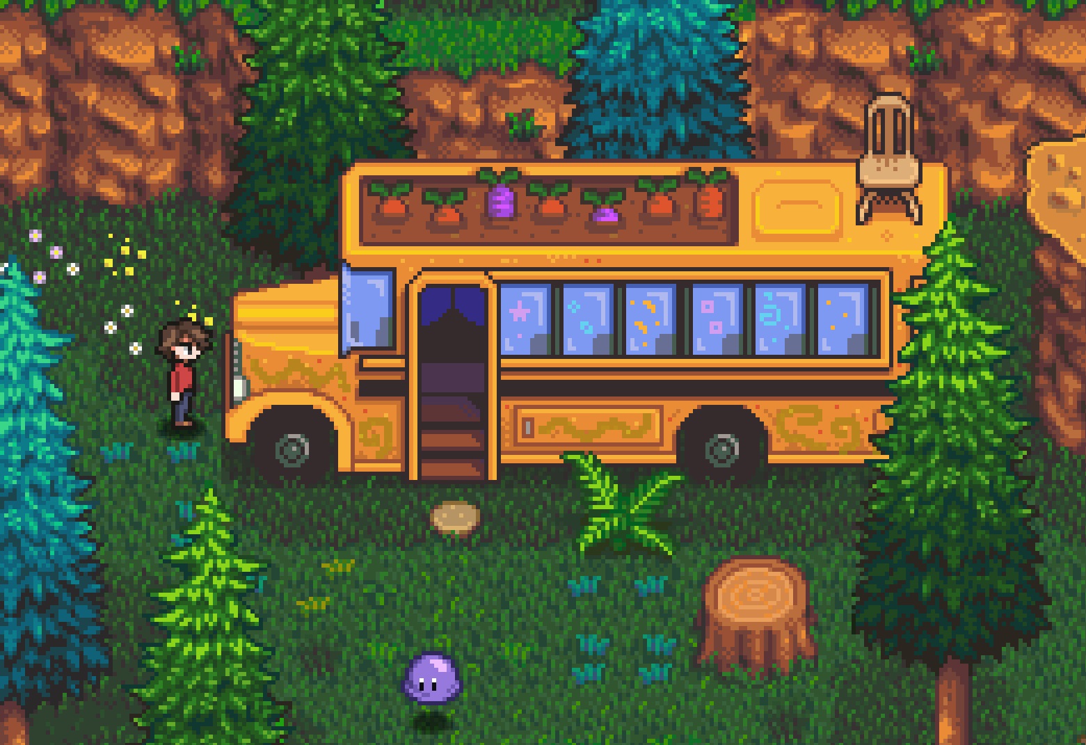 Haunted Chocolatier - A player stands in a green forest near an old bus with an open door and a garden plot on its roof.