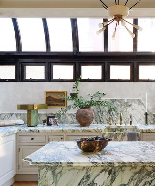 A marble kitchen with large skylights
