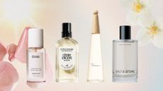 A collage of some of the perfumes on Amazon, including scents from OUAI, L'Occitane, Issey Miyake and Salt & Stone/ in a multi-coloured sunshine template with pink rose petals and white flowers