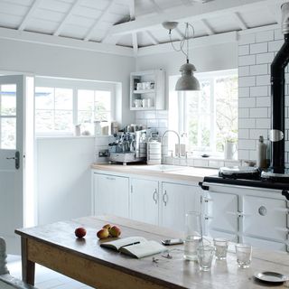 kitchen with white walls white cabinet and wooden worktop