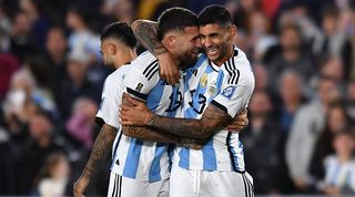 Argentina pair Nicolas Otamendi and Cristian Romero celebrate a goal against Paraguay in October 2023.