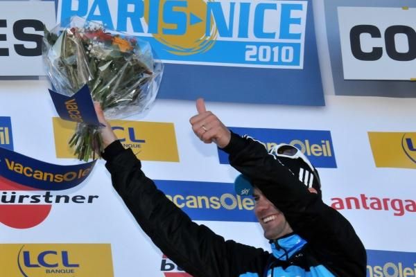 Thumbs up: Henderson won his third stage of the race, timing his sprint to perfection