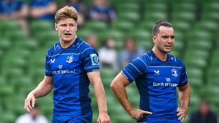 James Lowe and Jordie Barrett in the URC semi-final against Scarlets for Leinster.