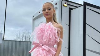 Ariana Grande Wicked Galinda balletcore Balenciaga pink bow dress silk shoes
