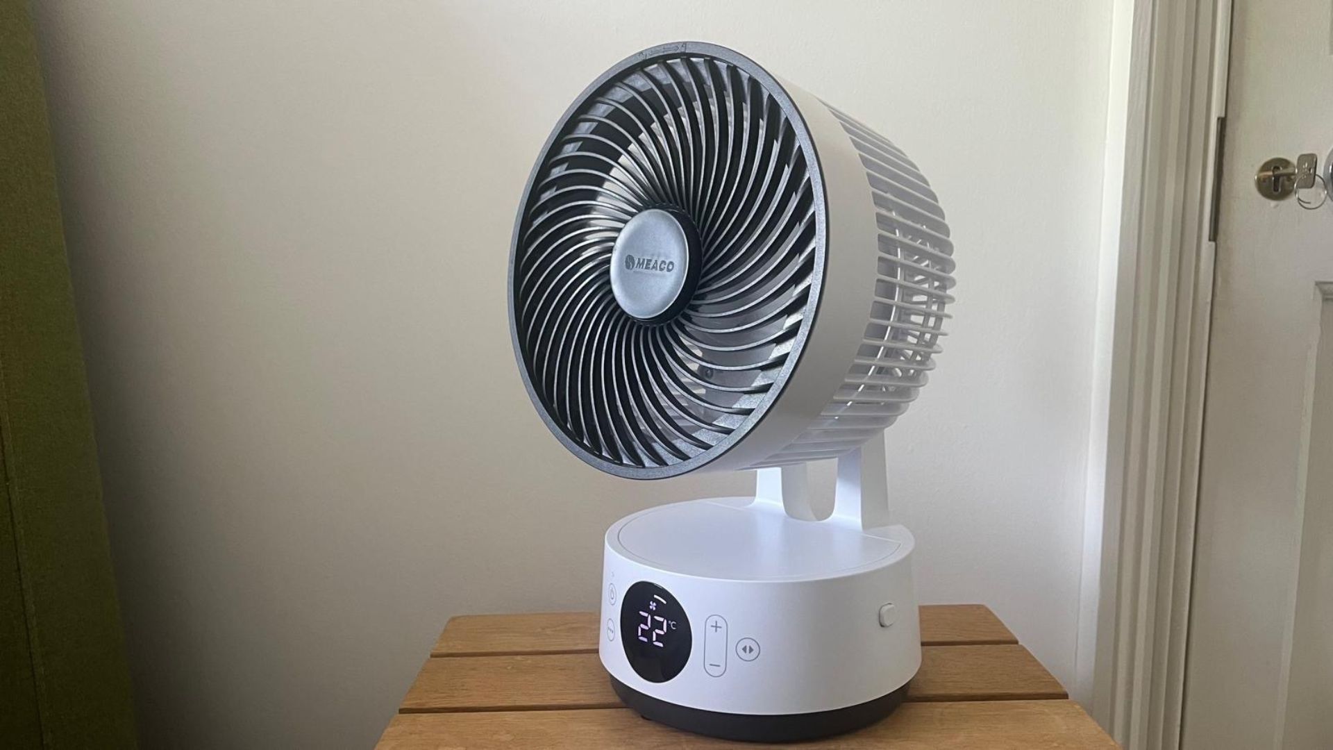 The Meaco Sefte 6 Inch Portable Fan on a bedside table
