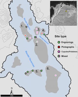 A map showing the locations of the different groups of rock art around the Atures Rapids in Venezuela.