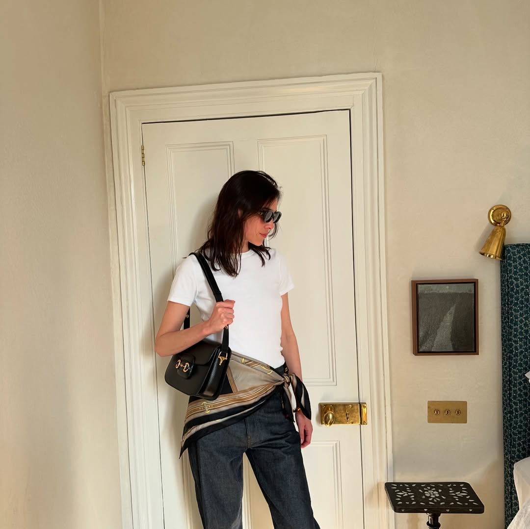 Alexa Chung wearing white T-shirt
