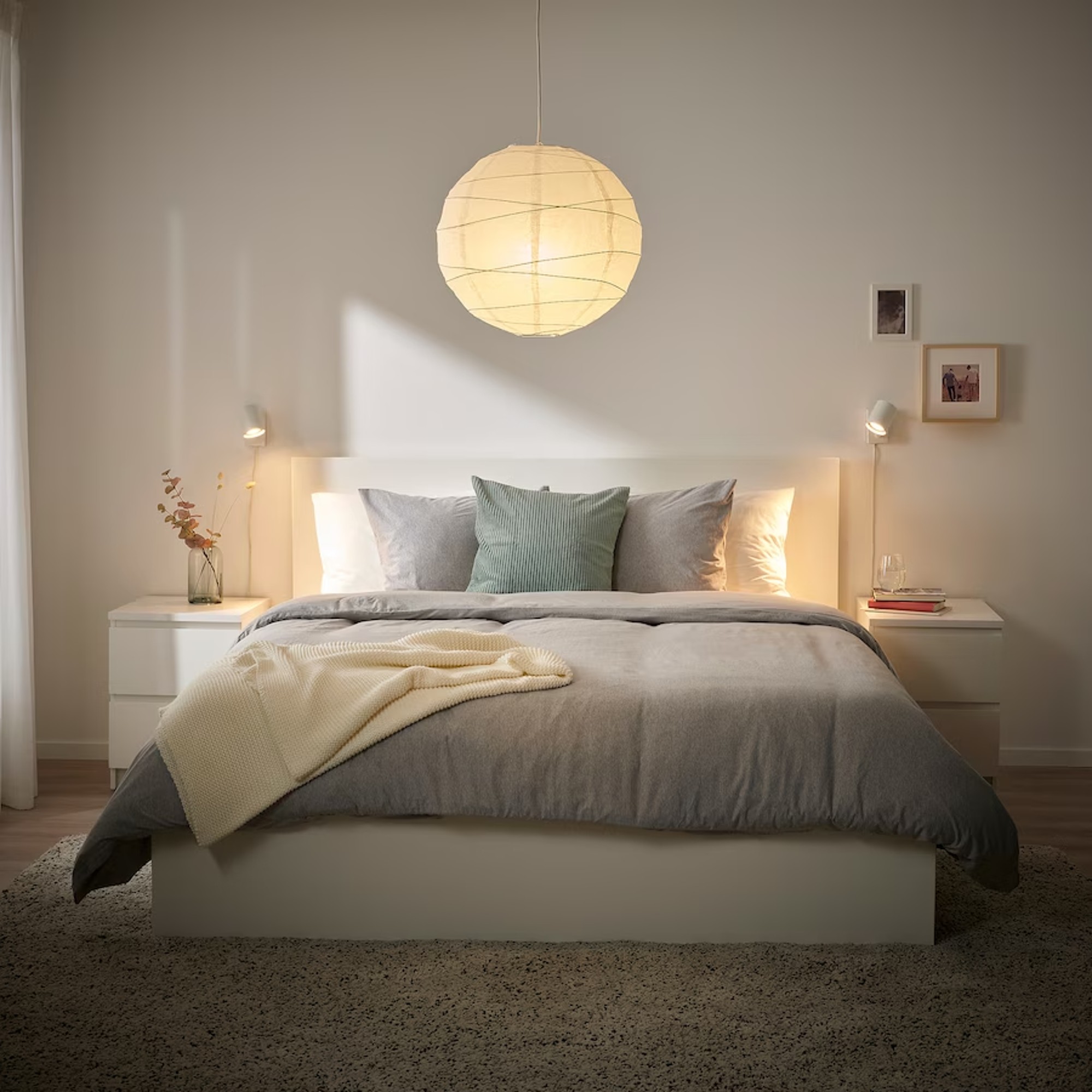 IKEA REGOLIT pendant lamp shade in neutral bedroom