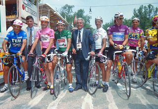1990, Giro d'Italia, stage 20: Phil Anderson in the blue, Claudio Chiappucci in green, Gianni Bugno in pink and Mario Cipollini in the ciclamino jersey