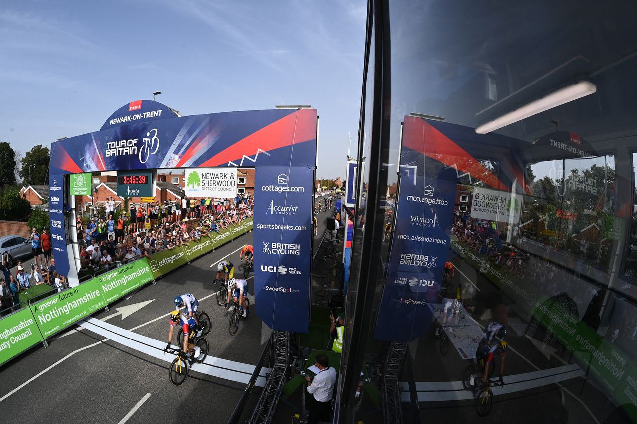 Picture by Simon Wilkinson/SWpix.com - 06/09/2023 - Cycling - 2023 Tour of Britain - Stage 4: Sherwood Forest to Newark-on-Trent (166.6km) - Olav Kooij of Team Jumbo Visma (Wearing the Leaders Jersey) Wins his fourth consecutive stage of the 2023 Tour of Britain at Stage 4 in Newark-on-Trent