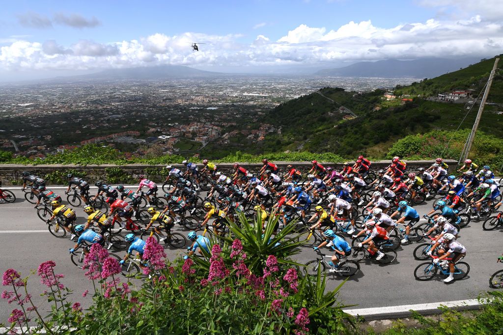 NAPLES ITALY MAY 11 A general view of the peloton climbing to the Valico di Chiunz 656m during the 106th Giro dItalia 2023 Stage 6 a 162km stage from Naples to Naples UCIWT on May 11 2023 in Naples Italy Photo by Tim de WaeleGetty Images
