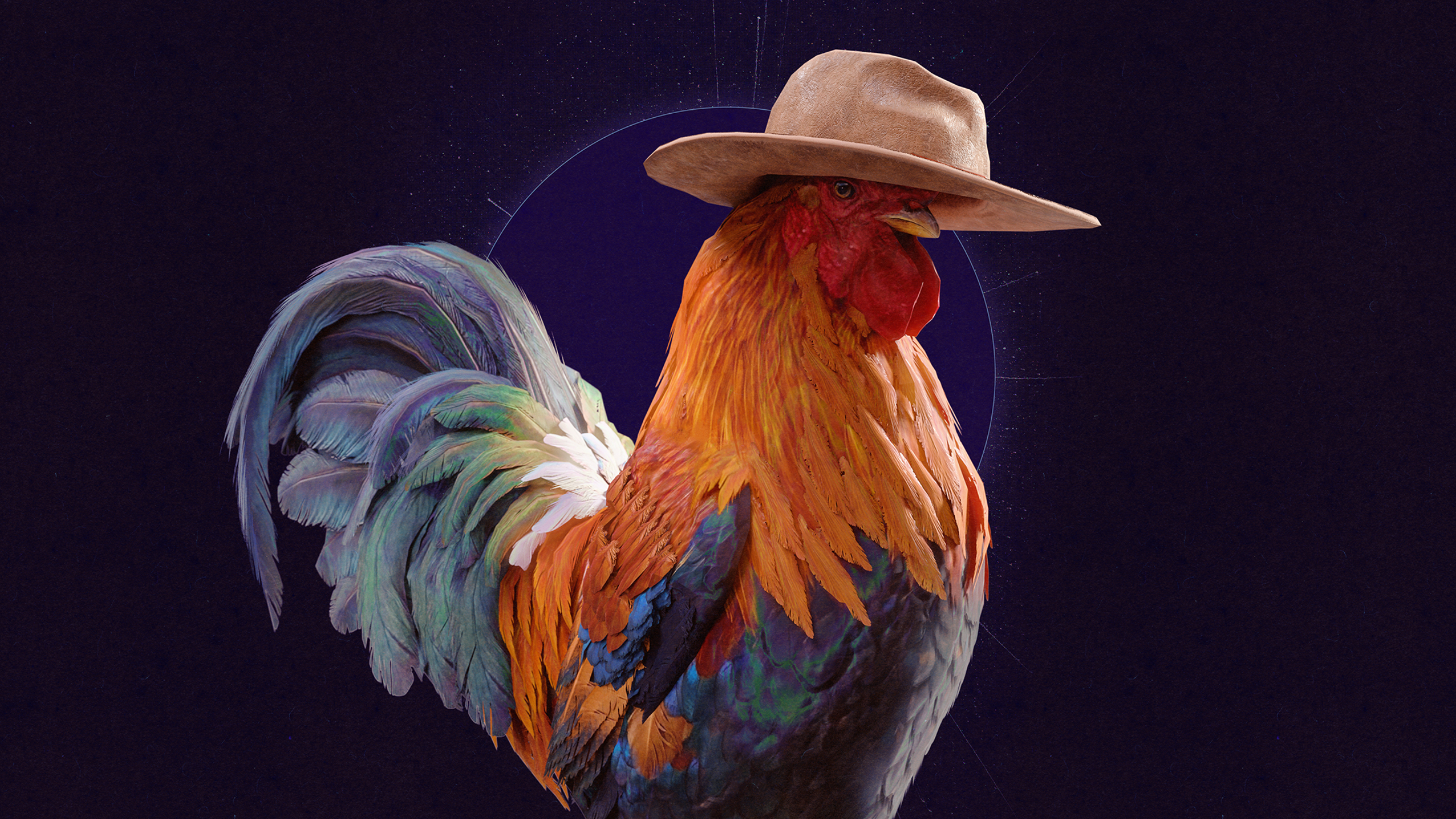 Arc Raiders Dog Collar locations: A close-up of Scrappy, a rooster, wearing a cowbow hat against a dark purple background.