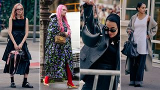 Women wearing street style spring 2024 trends of underdog It bags