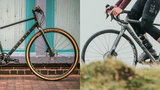 A split image with a hybrid bike on the left and and road bike on the right