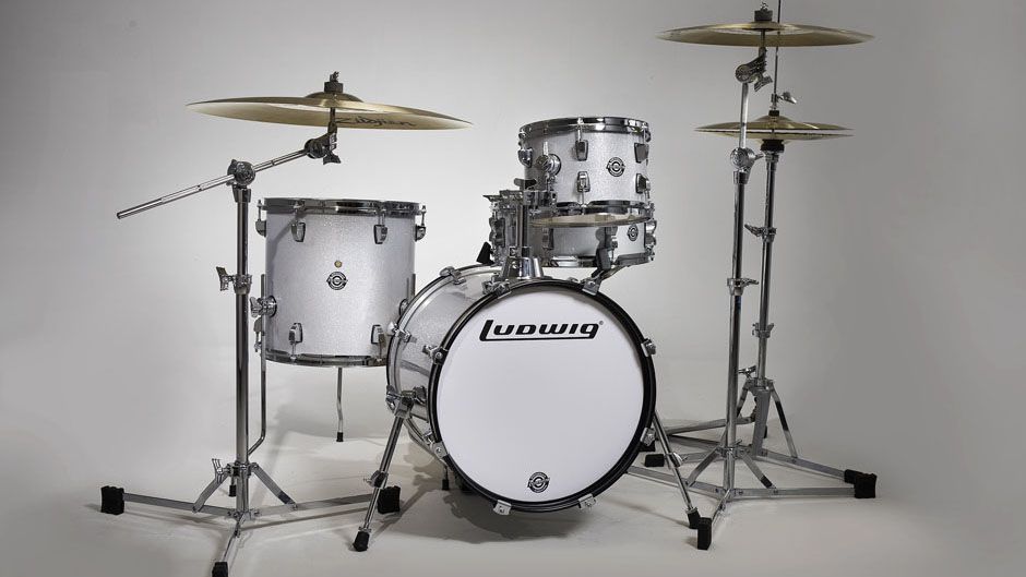 A white Ludwig Breakbeats kit on a grey background