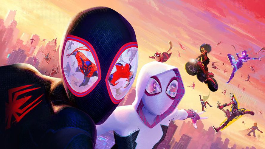 (L, R) Miles Morales and Gwen (voiced by Shameik Moore and Hailee Steinfeld) in costume in art for Spider-Man: Across the Spider-Verse