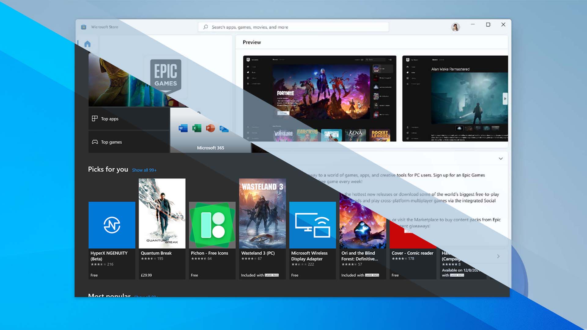 An image edited to show the Microsoft Store on both Windows 11 and Windows 10 OSes