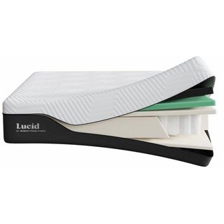 The Lucid Bamboo Charcoal Hybrid Mattress with a corner open to reveal the layers, against a white background