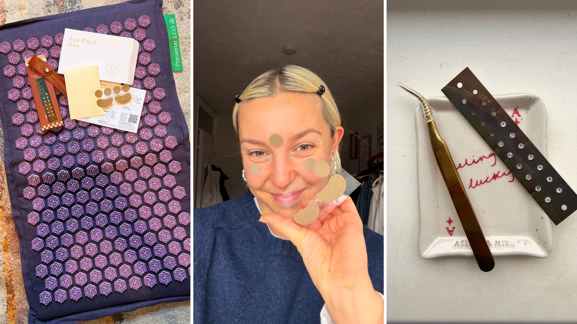 At home acupressure: Health writer Ash S with at home ear seeds, acupressure mat, and more