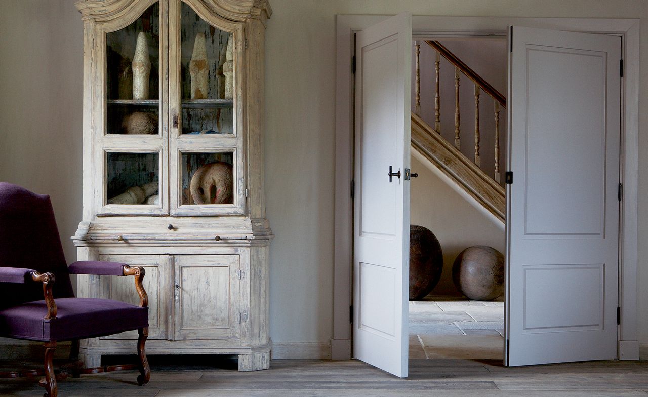 White Georgian style internal doors with white wood and glass antique cabinet