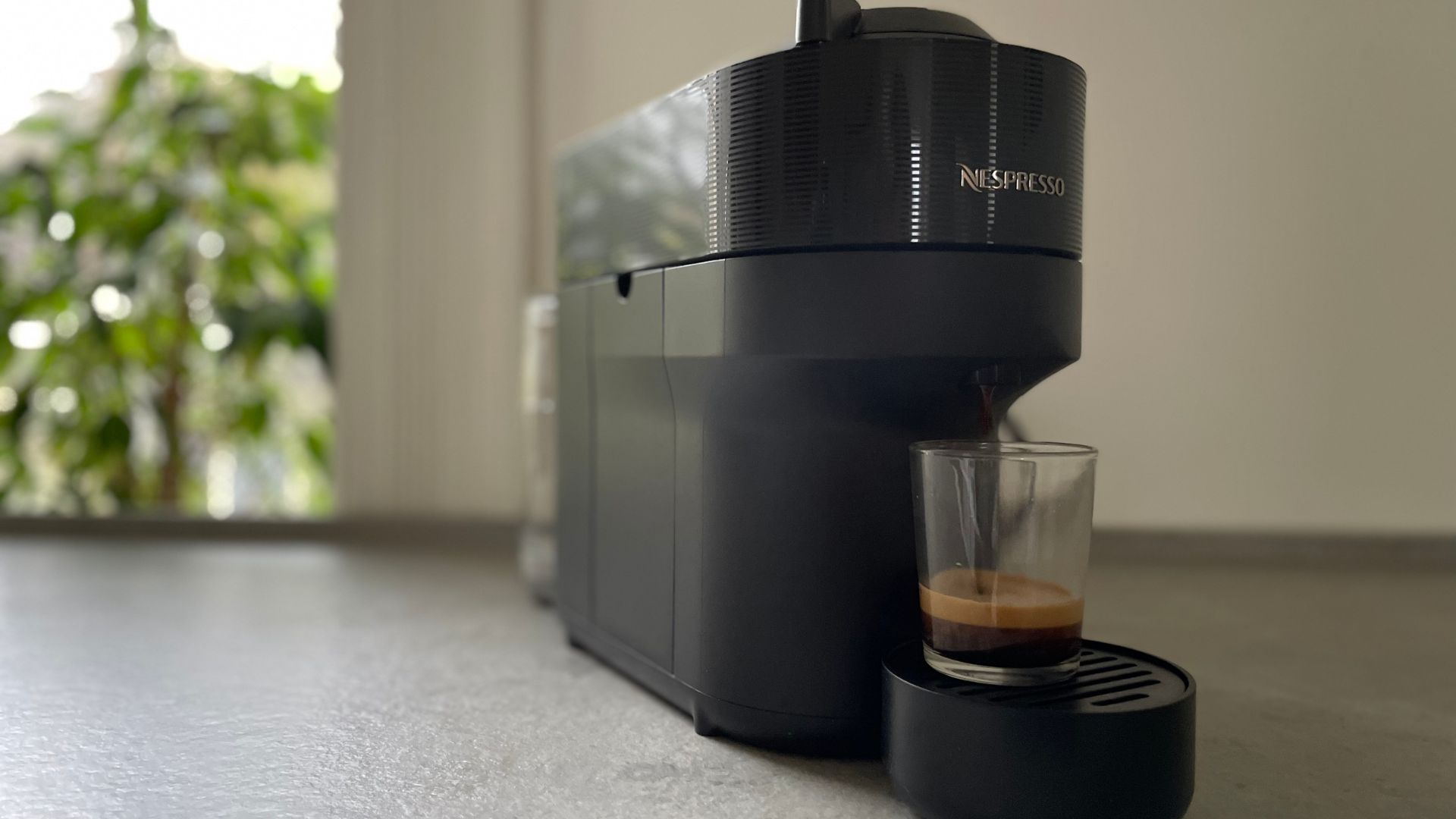 A single shot brewing in the  Nespresso Vertuo Pop