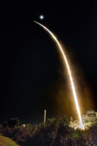 A bright streak stretches from a green tree covered area in the foreground, launching upward in a black sky toward a sparkling point.