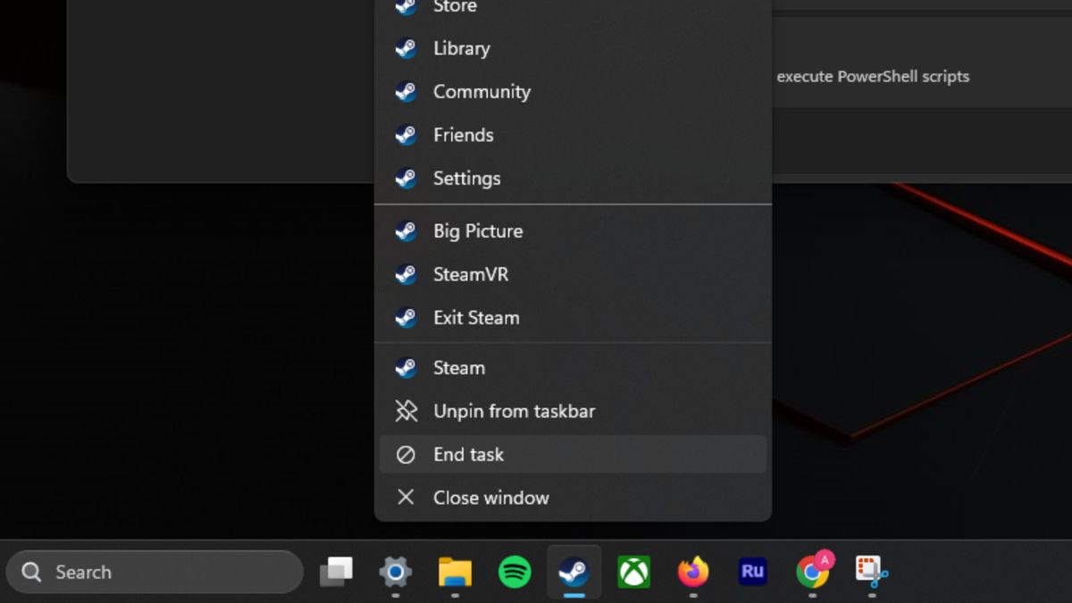 A screenshot showing the &quot;End Task&quot; option enabled in the Windows 11 taskbar