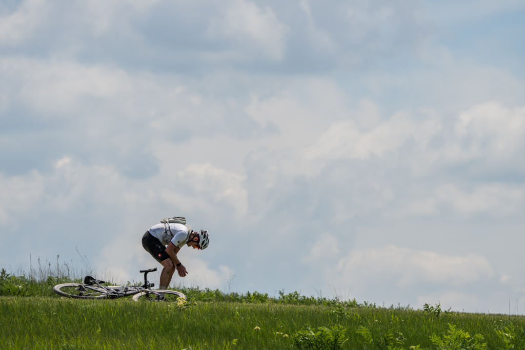 Every year the best laid plans unwind at Unbound, with this rider pictured roadside in 2021