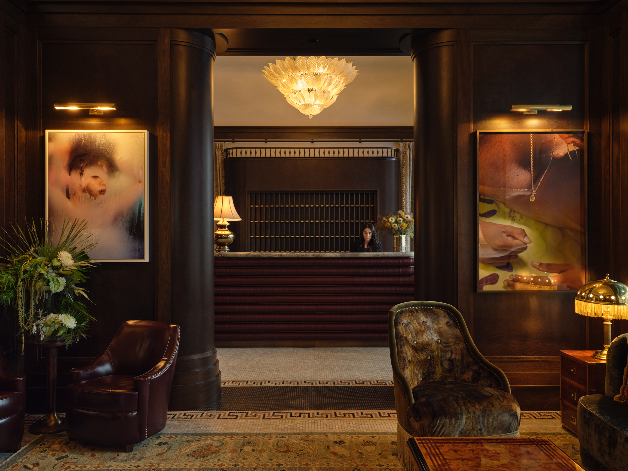 interior views of plush, warm and moodily lit at the Ned Noman hotel in New York