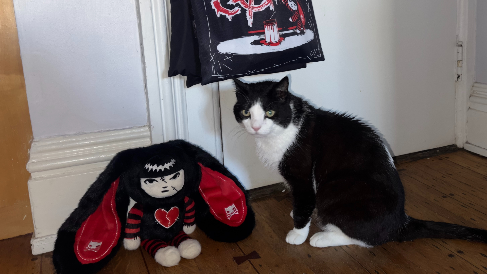 A cat beside the Alice: Madness Returns Plushie Dreadfuls toy on the floor underneath the tote bag