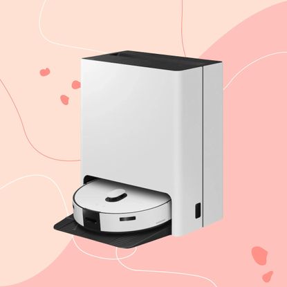Samsung Bespoke Jet Bot Combo AI+ 3-in-1 Robot Vacuum Cleaner on a pink background
