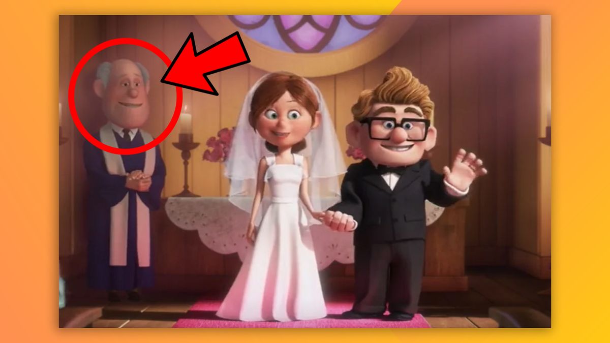 Screenshot from Pixar&#039;s Up with a character highlighted by a circle and arrow