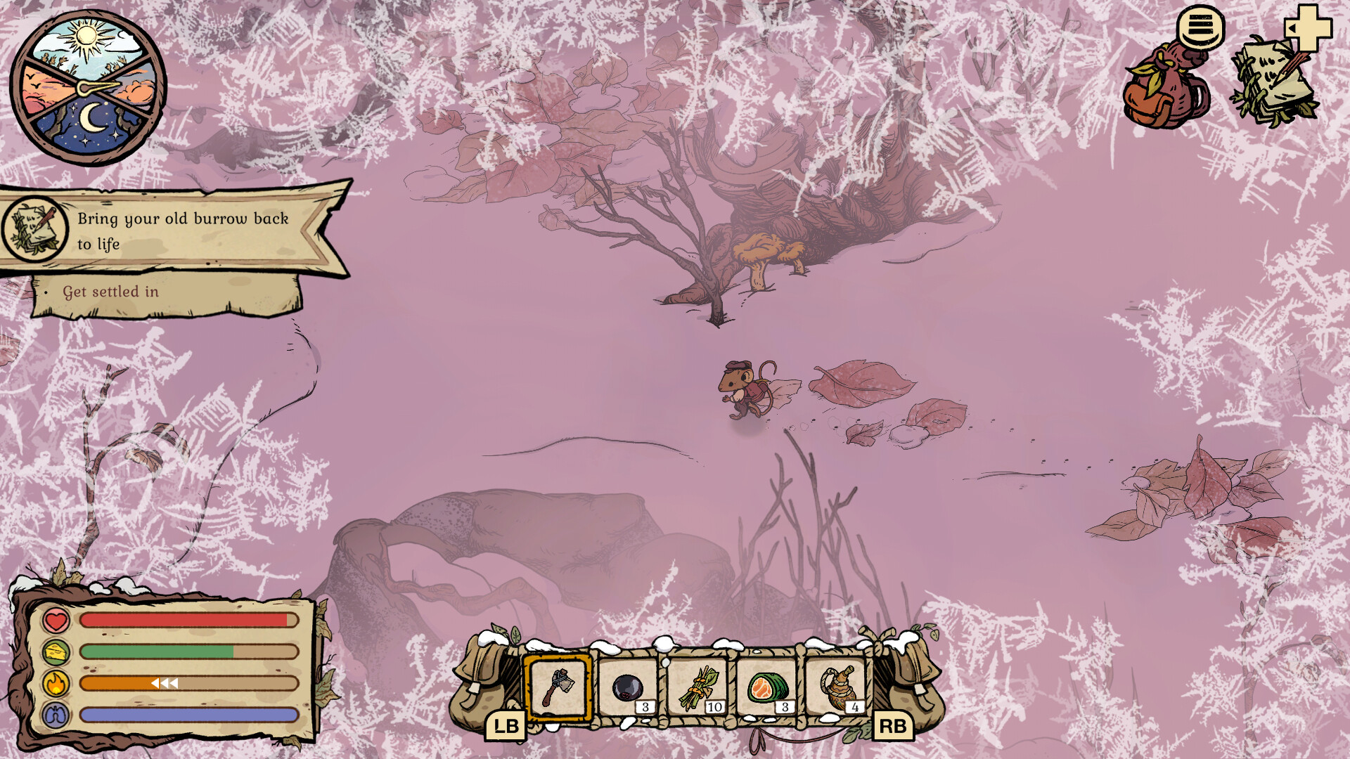 Winter Burrow screenshot showing a little mouse running through a woodland forest in winter as frost starts to surround them on screen