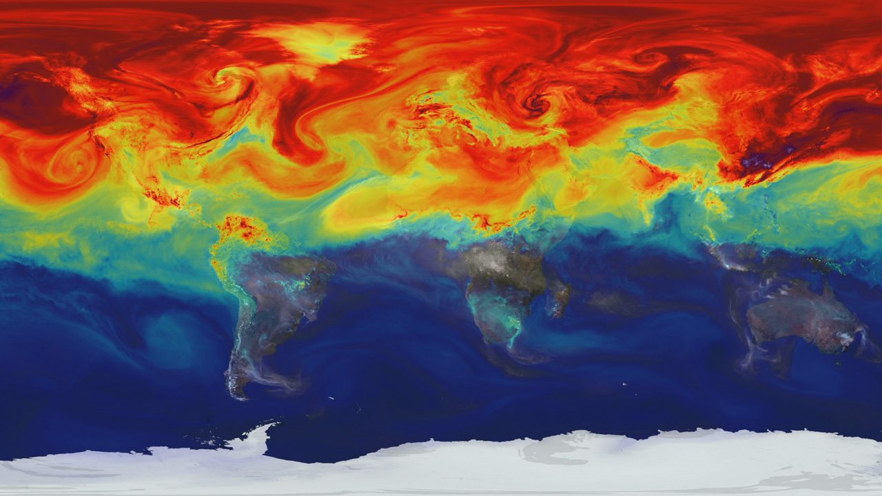 This NASA supercomputer model shows how greenhouse gases like carbon dioxide fluctuate in Earth’s atmosphere throughout the year. Higher concentrations are shown in red.
