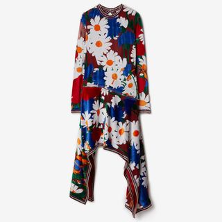 Burberry dress floral print velvet backless long sleeves asymmetric hem