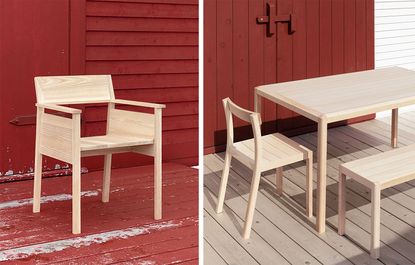 Two pictures showing chairs, a bench and wooden table photographed outdoor on a platform of wood painted red