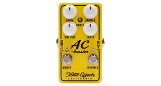 Xotic AC Booster V2: this yellow stompbox has four white dials, external dipswitches and two footswitches