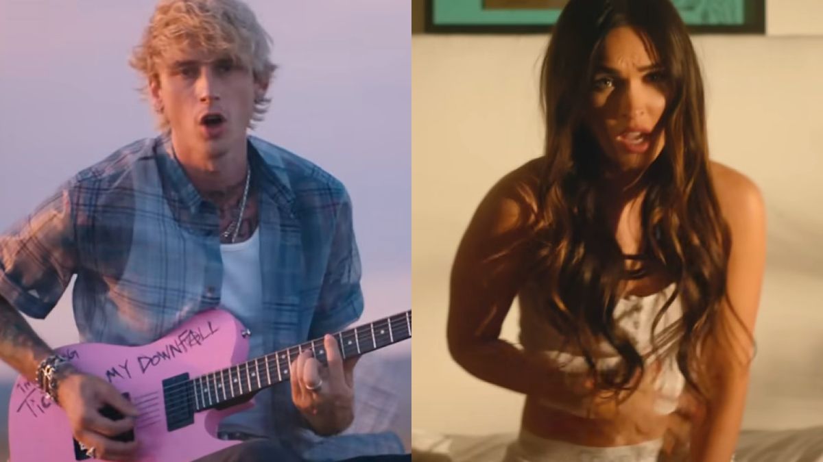 In side-by-side images, Machine Gun Kelly sings in his music video for &quot;my ex&#039;s best friend,&quot; and Megan Fox sings in the MGK music video for &quot;Bloody Valentine.&quot;