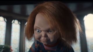 Close-up of Chucky doll arching eyebrow in Chucky Season 1