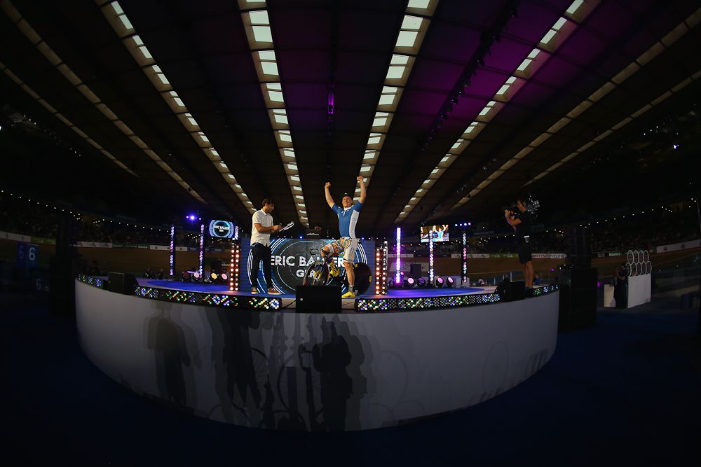 Eric Balzer of Germany waves to the crowd during day one of the London Six Day Race at the Lee Valley Velopark