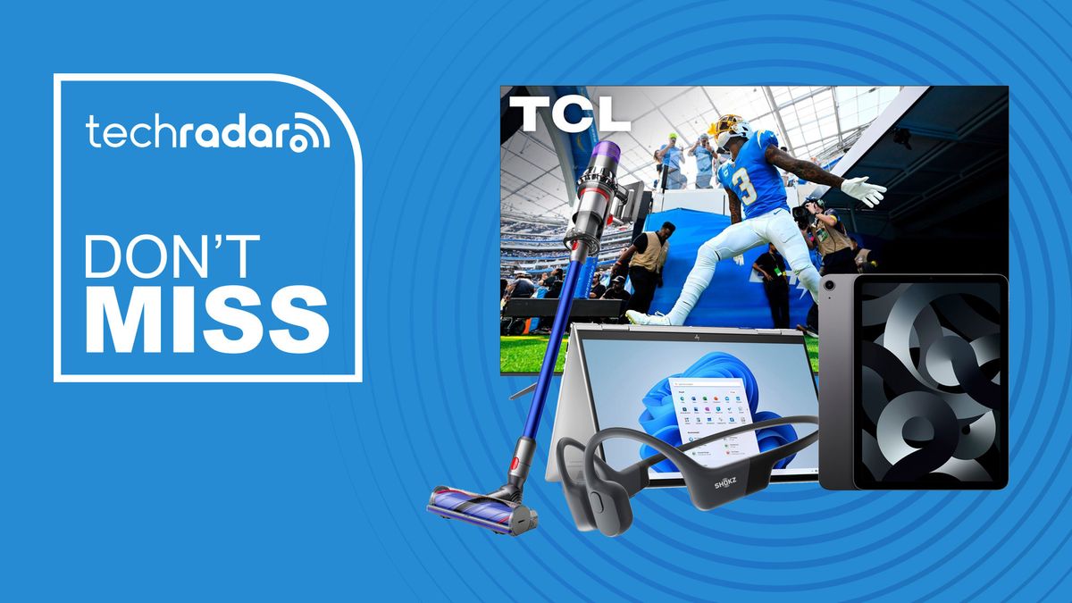 TCL TV, HP laptop, Shokz headphones, iPad Air and Dyson vacuum on a blue background