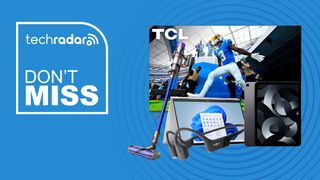 TCL TV, HP laptop, Shokz headphones, iPad Air and Dyson vacuum on a blue background