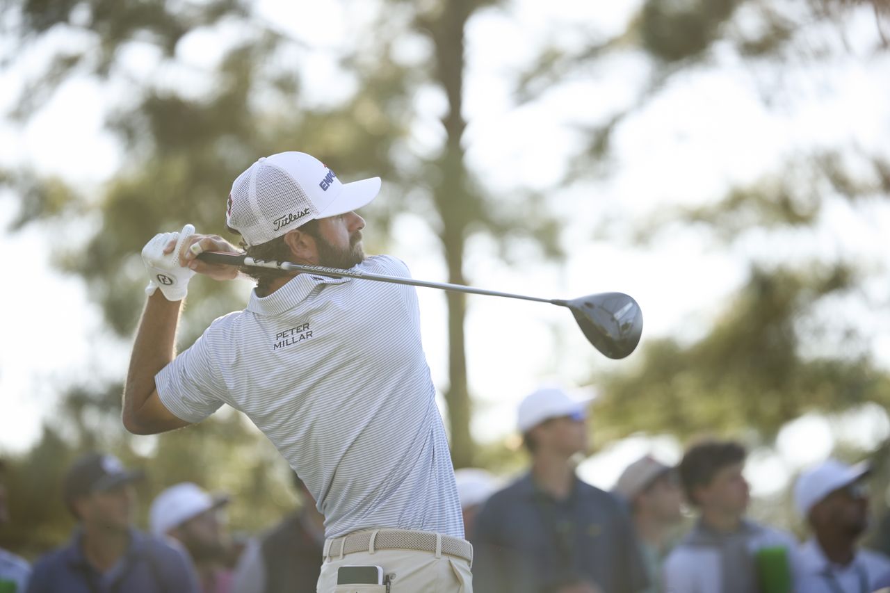 Cameron Young of the United States plays his shot from the 18th tee during the third round of the 2026 Masters Tournament at Augusta National Golf Club