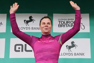 MANCHESTER ENGLAND JUNE 09 Lotte Kopecky of Belgium and Team SD Worx Protime celebrates at podium as Pink UCI Womens WorldTour Leader Jersey winner during the 9th Tour of Britain Women 2024 Stage 4 a 992km stage from Manchester to Manchester UCIWWT on June 09 2024 in Manchester England Photo by Matt McNultyGetty Images